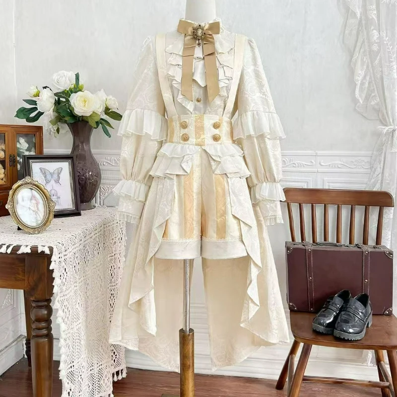 

Japanese Sweet Lolita Shorts Sets Women Kawaii Bow Ruffle Long Sleeved Shirt Print Trailing Overalls Vintage Cosplay Prince Suit
