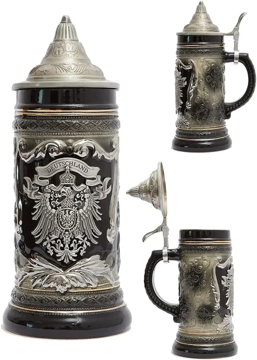 

600ml German Beer Mug Stein with Eagle Medallion Viking Tankard with Petwer Lid Drinking Cups for Men's Gifts