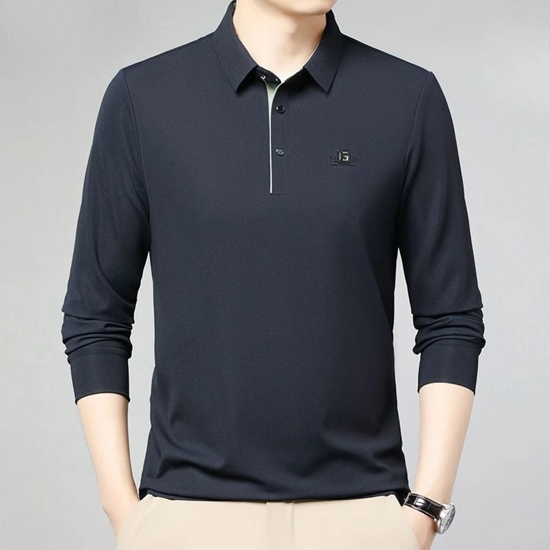 Middle-Aged Men's Business Polo Long Sleeve Tee Mulberry Silk Fabric Soft Absorbent Breathable