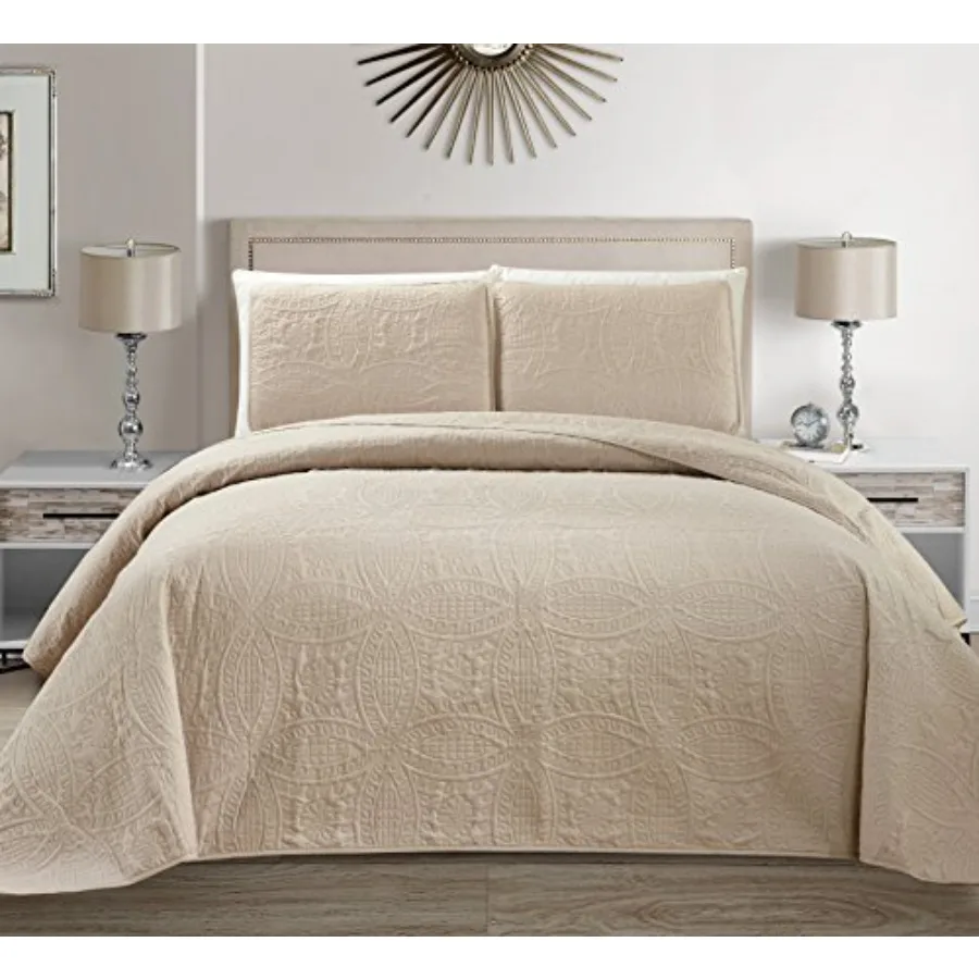 

Mk Collection 3pc King/California King Solid Embossed Bedspread Bed Cover Over Size Beige/Khaki New