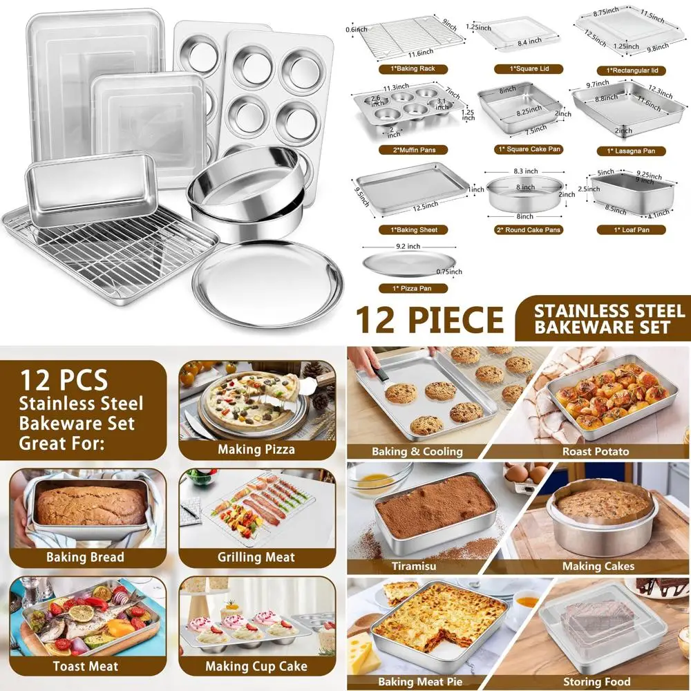

12-Piece Stainless Steel Bakeware Set: Kitchen Baking Pans with Rack, Square Cake Pan, and Lasagna Pan