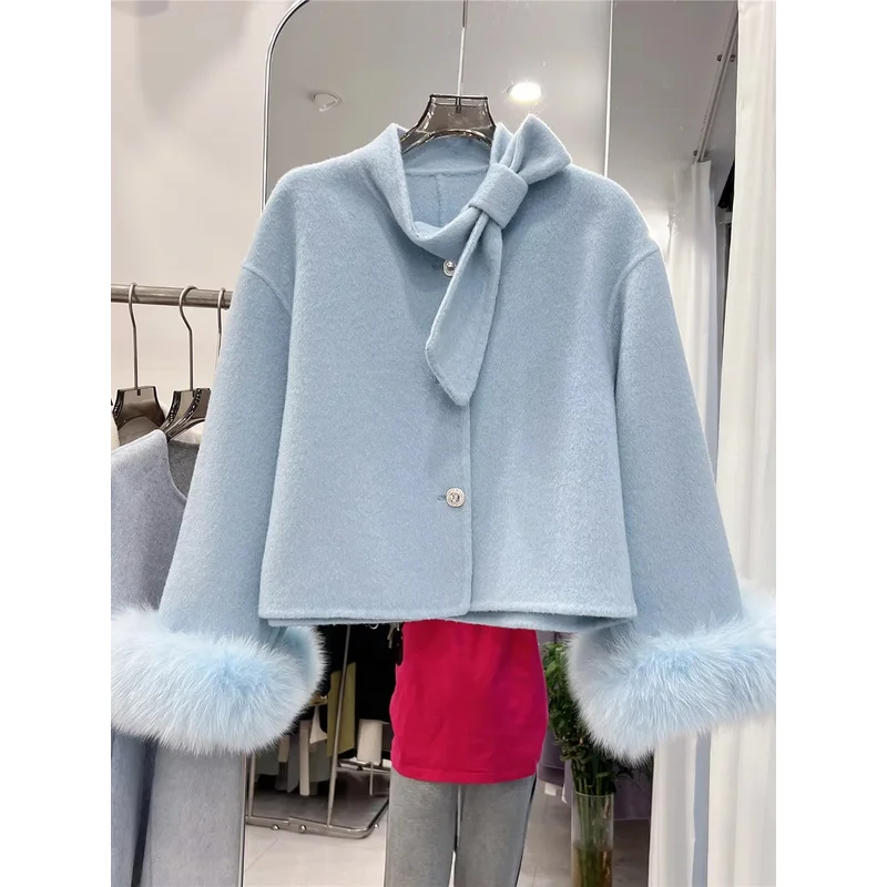 Women's Autumn Winter Elegant Bow Collar Long Sleeve Wool Short Jacket Lady Solid Color Fox Fur Cuffs Loose Wool Outwear Top