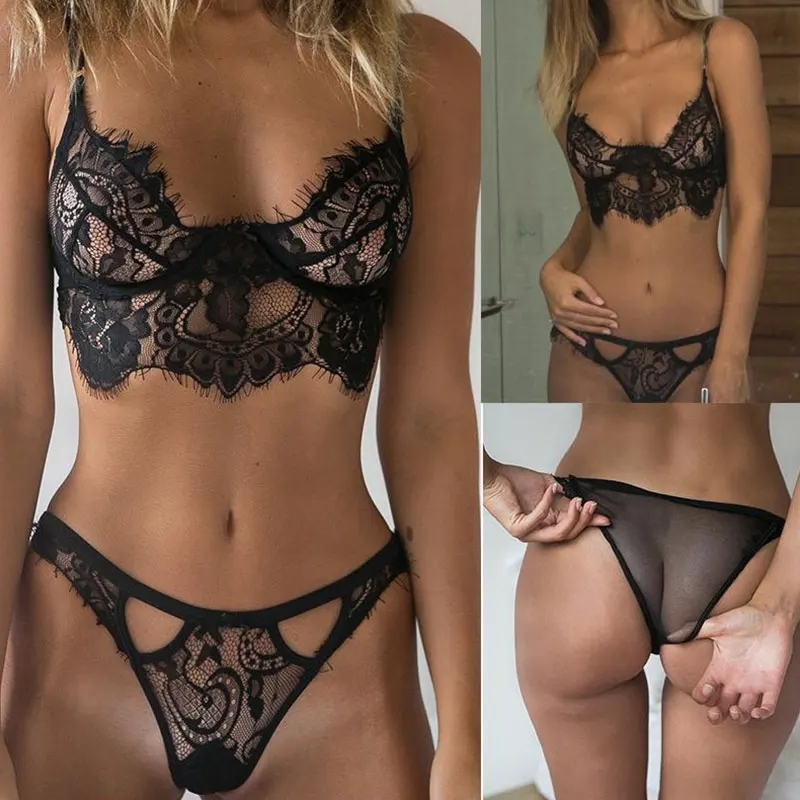 Women\'s Sexy Lace Underwear Set Erotic Ladies Lingerie See-through Bra Thong Mini Babydoll Briefs Underpants Black Bodysuit