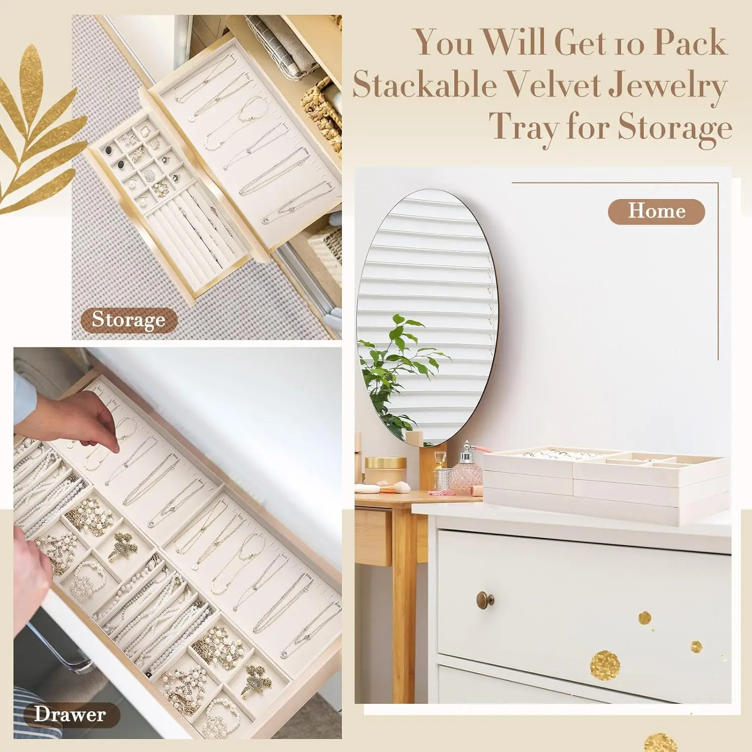 10-Piece Stackable Jewelry Organizer Trays, 14' Velvet Drawer Insert with Removable Divider for Necklaces, Earrings, Rings, Watc