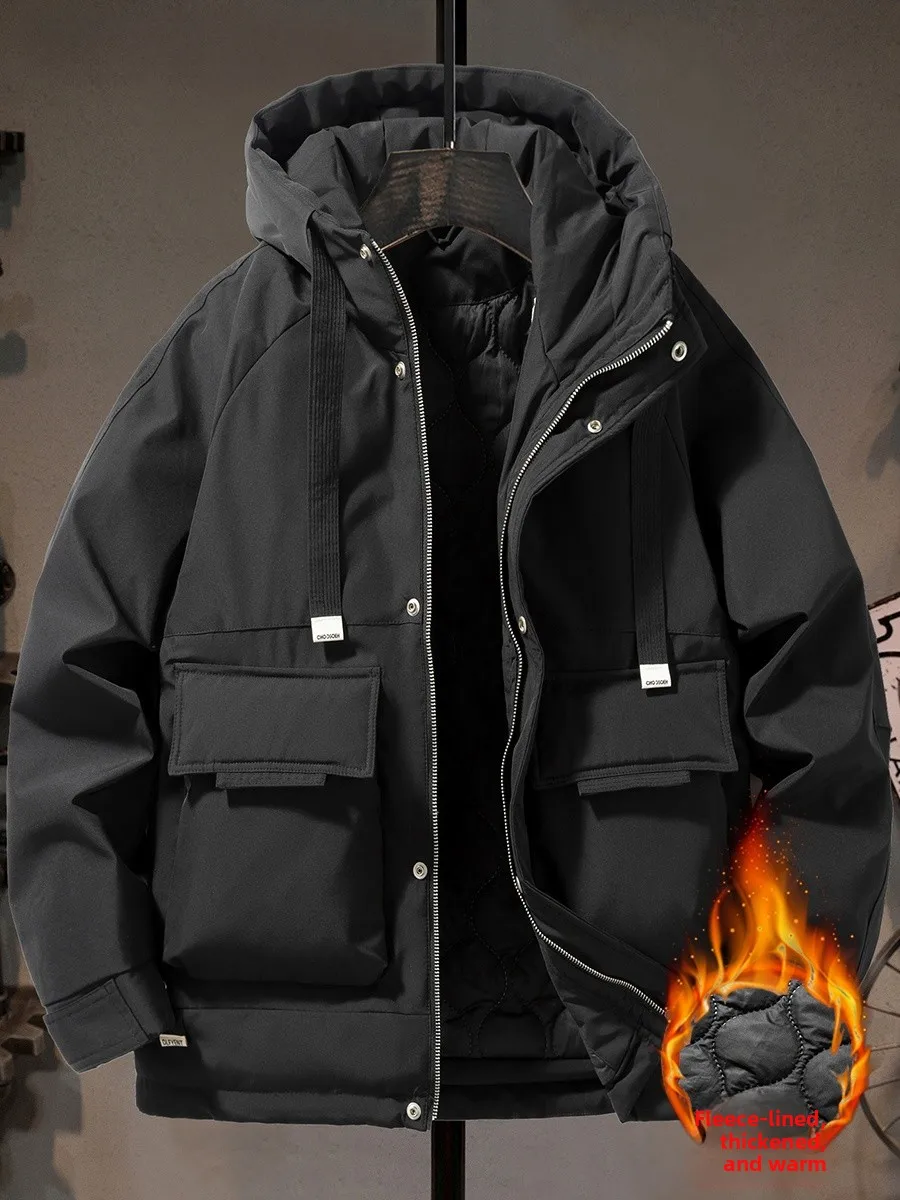 

Thiened Cotton Workwear Jaet Men's Winter Outdoor Outdoor Faionable Anti-Cold Hooded Retro Jaet Youth Urban Sle