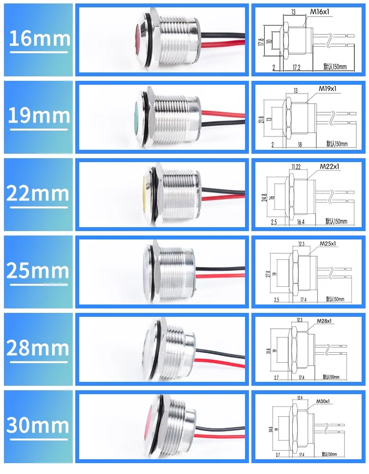 16mm/19mm/22mm Montageloch LED Metall-Anzeigelampe Wasserdichte Pilot-Signallampe, 6V 12V 24V 220V – Detail 5