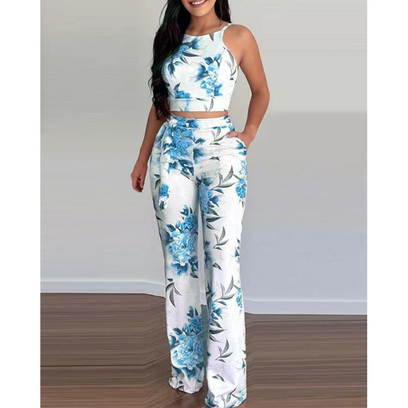 Summer Print Two Piece Set Women Fashion Short Sleeveless Vest High-waisted Wide-leg Pants Suit Two Piece Set Women Casual Suit