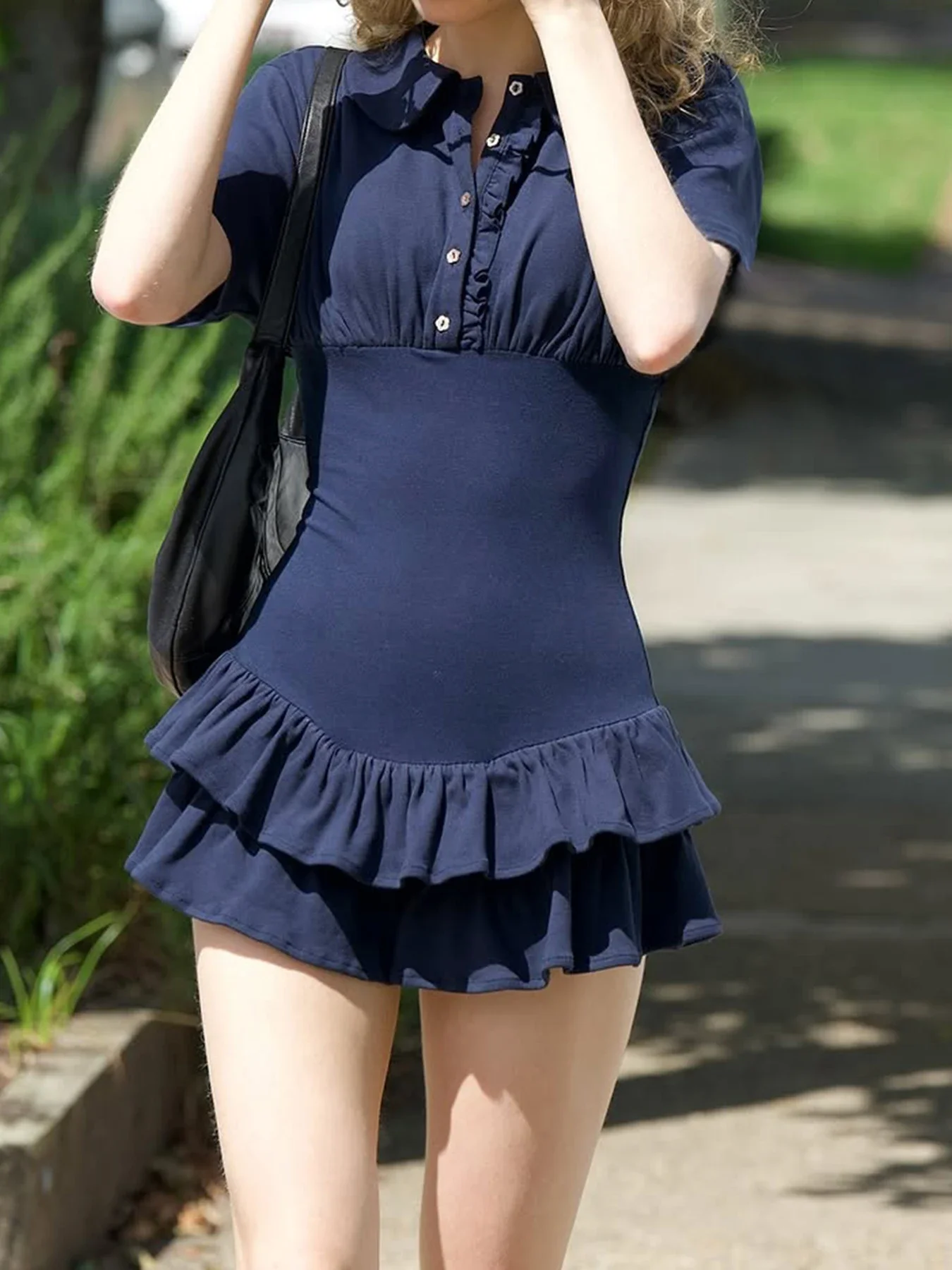 

FDEY Fashion Preppy Style Solid Skinny Short Cake Dresses Summer Polo Neck Button Y2k Chic Causal Women Dresses