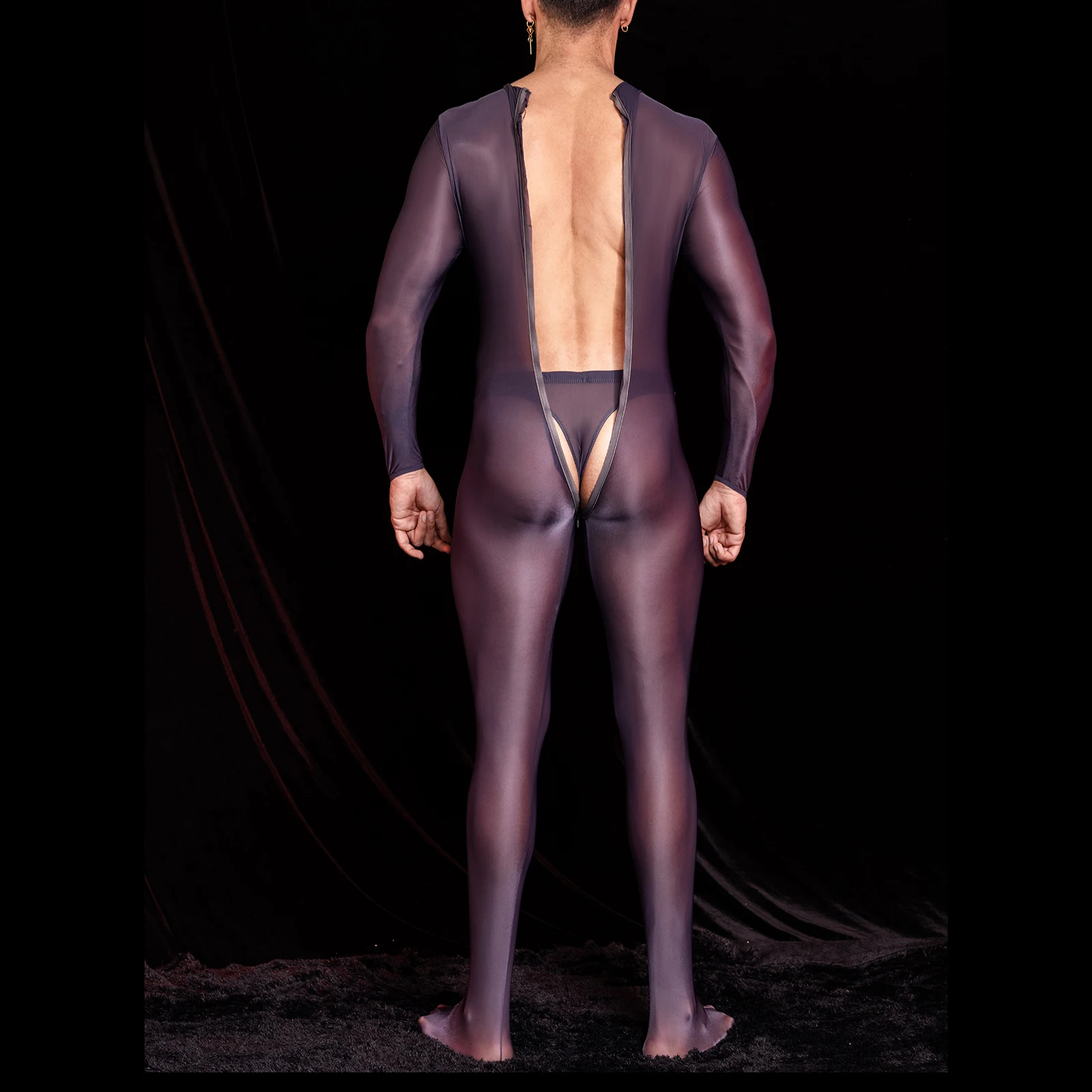 Mens One Piece Glossy Sheer Bodysuit Clubwear Round Neck Long Sleeve Back Zipper Full-body Jumpsuit Catsuit Tempting Nightwear