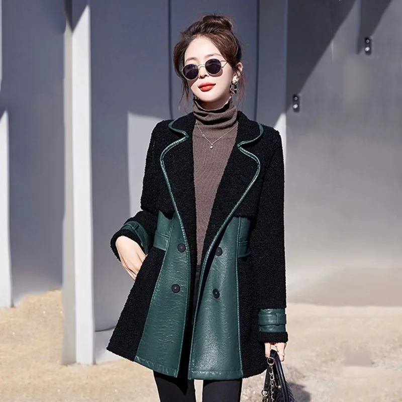 2023 New Winter Women Lamb Wool Faux Fur Jacket Plush And Thicken Leather Coat Patchwork Pu Overcoat Female Leather Windbreaker