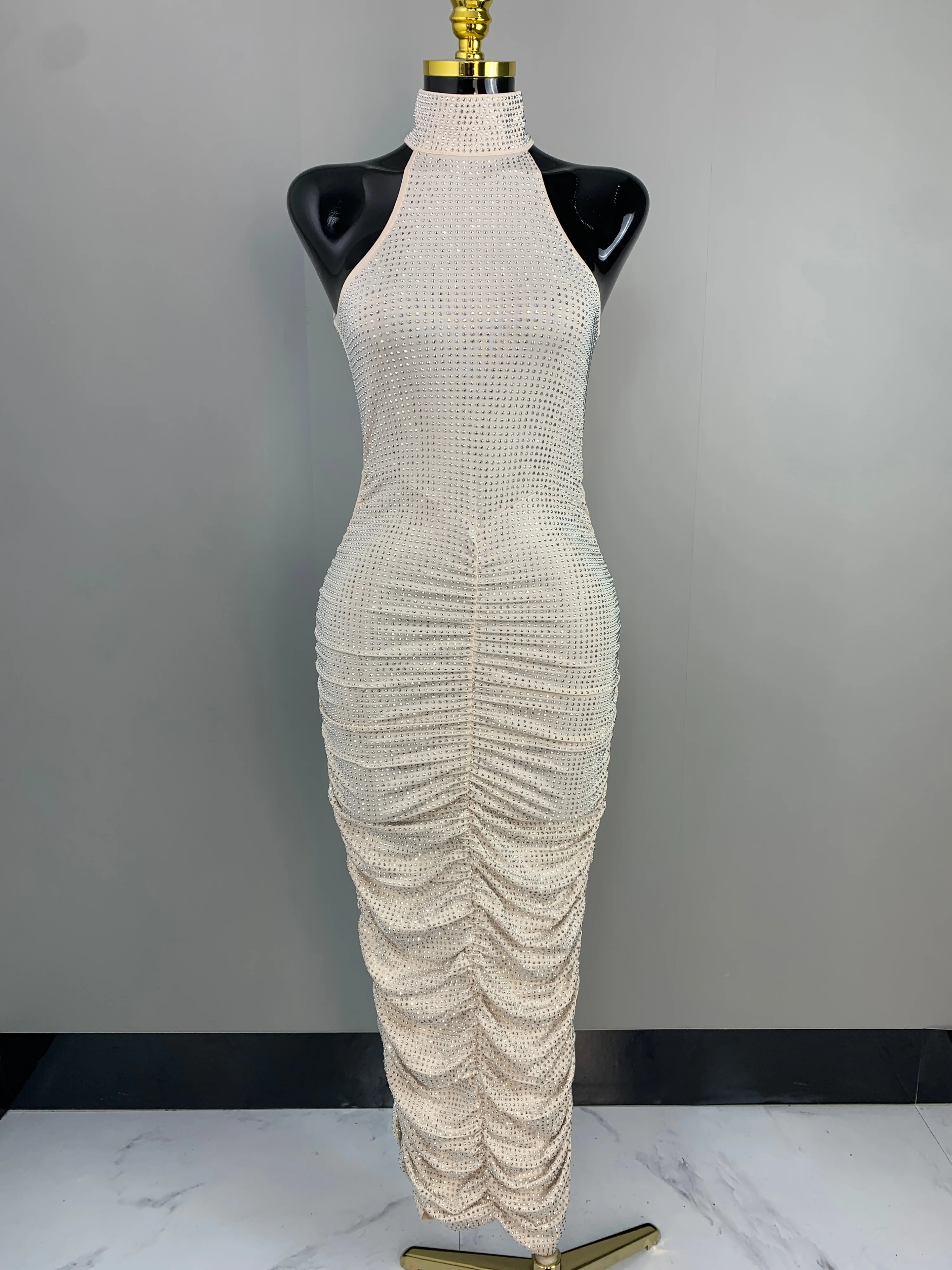 Women Sexy Halter Backless Diamonds Shirring Long Bodycon Gowns Dress 2024 Celebrity Luxury Elegant Evening Club Party Dress