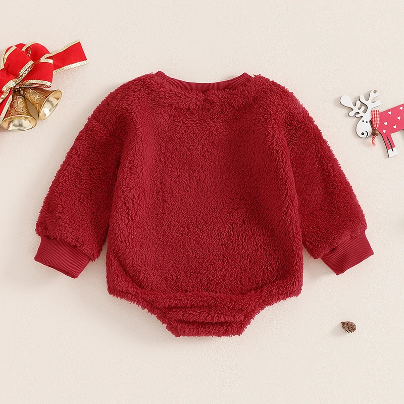 2024-06-04 Lioraitiin Baby Girl Christmas Fleece Jumpsuit Elk Embroidered Round Neck Long Sleeve Romper Able Bodysuits