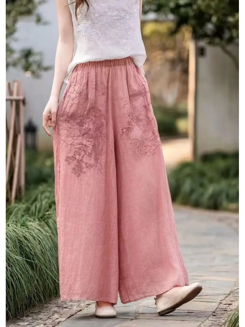 

Художественные однотонные льняные брюки с вышивкой, двухслойные, дышащие, широкие, свободные, летние, с эластичным поясом, повседневные