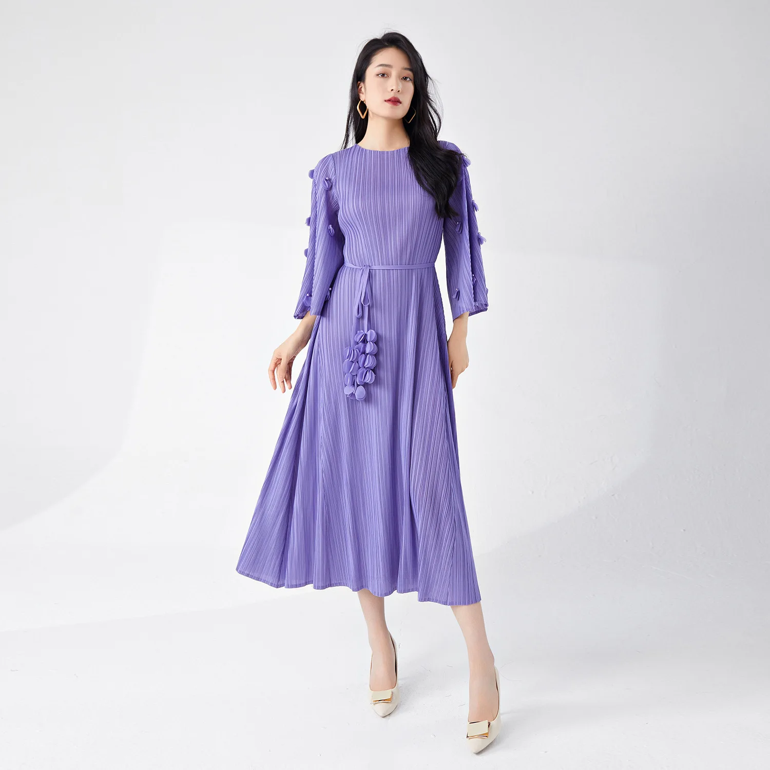 

Miyake-Women's Loose Lace Dress, Three-Dimensional Flower Dress, High-End, Commuting, High-End, Summer, New, Hot Selling