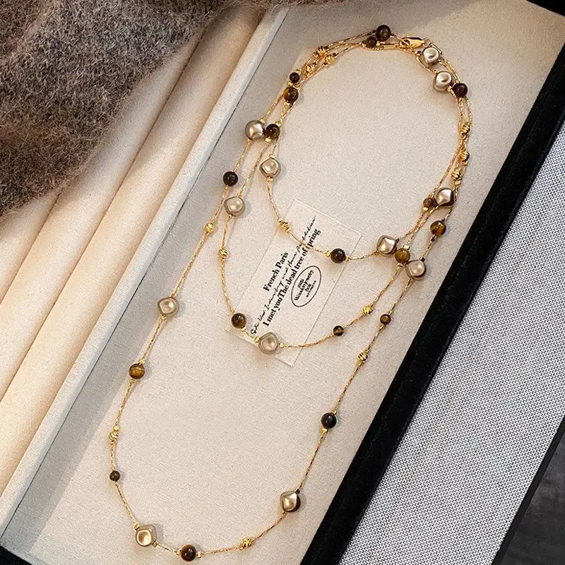Autumn And Winter Long Tiger Eye Stone Pearl Beads Long Sweater Chain For Women's Popular Necklace New Jewelry Accessories
