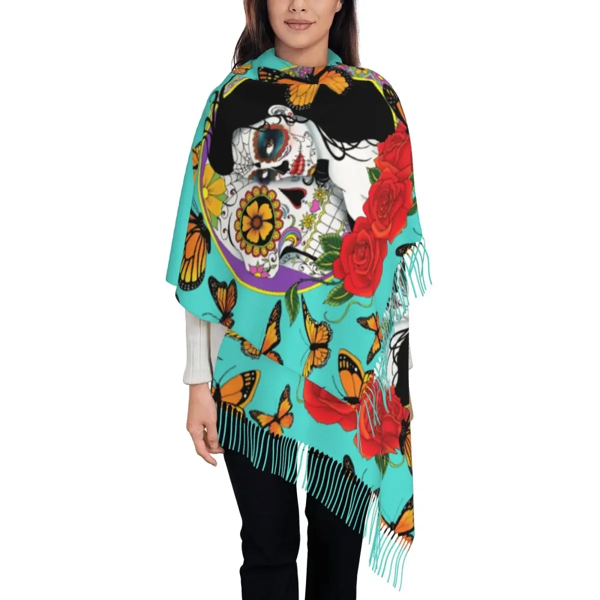 Custom Mexican Sugar Skull Floral Girl Tassel Scarf Women Winter Fall Warm Shawls Wraps Lady Calavera Catrina Scarves