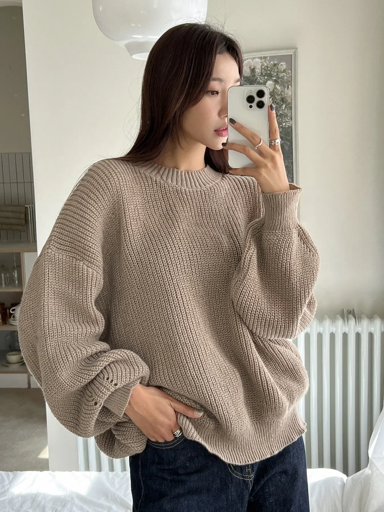 Womens Oversized Crewneck Fisherman Knit Sweater Downtown Girl Grunge Aesthetic Long Sleeve Chunky Ribbed Textured Pullover Jumper Top Solid Jet Raven Black Drop Shoulder Wide Cuffs Slouchy Boxy Silhouette For Fall Winter City Walk Outfits Christmas Gift