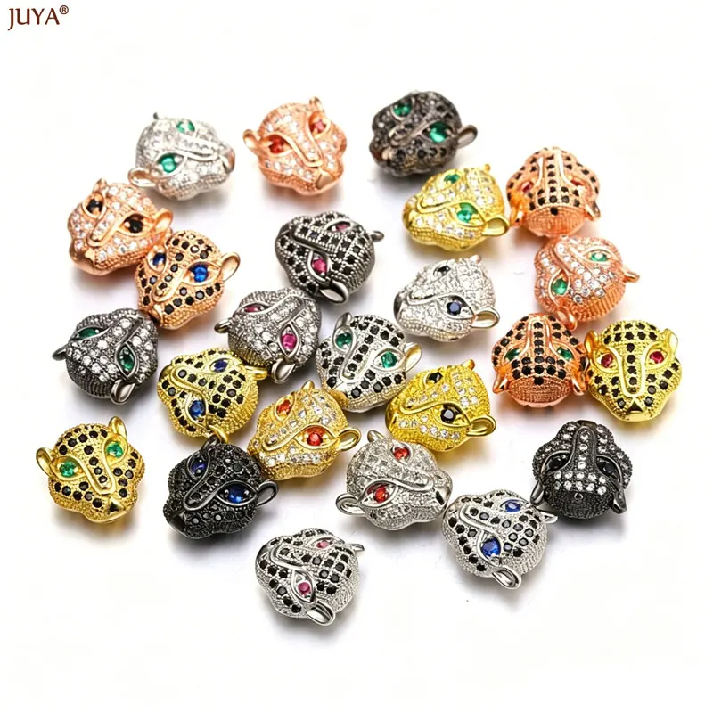 Copper Micro Pave CZ zircon Panther Beads Animal Charms For Jewelry Making DIY natural stone beads bracelet Accessories berloque