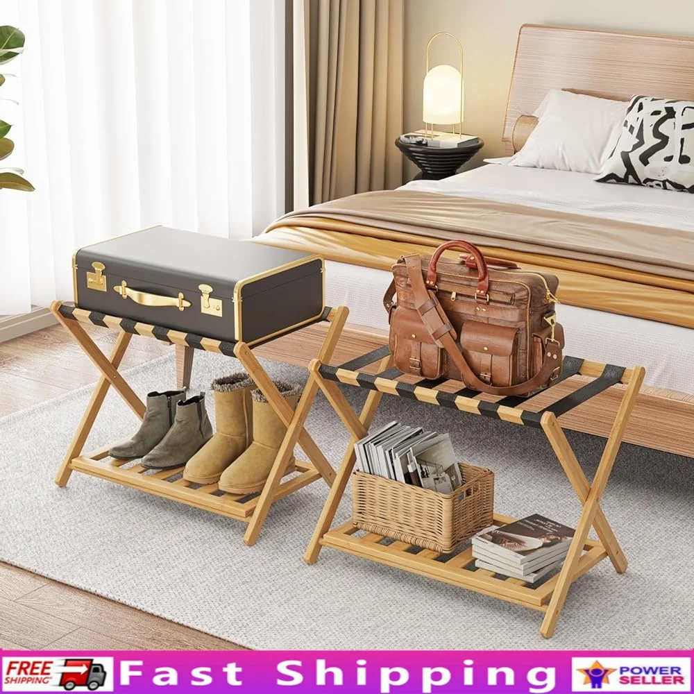 

2 Pack Bamboo Luggage Rack Folding Suitcase Stand with Storage Shelf Thickened Heavy Duty Luggage Holder Guest Room Travel