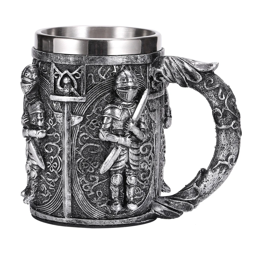 Medieval Warrior Resin Stainless Steel Beer Mug Knight Stein Retro Tankard Creative Coffee Cup Viking Tea Mug Pub Bar Decoration