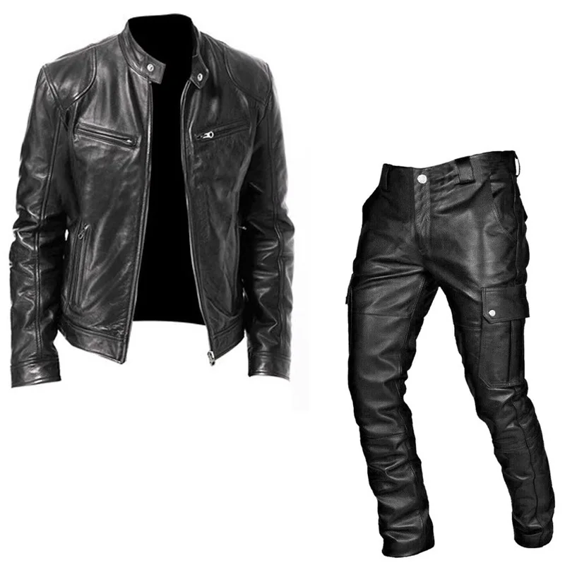 Modische Motorrad-Lederbekleidungs-Sets für Herren, Mehrfachtaschen-Stehkragen-PU-Jacke + Lederhose, 2-teilige Freizeit-Cosplay-Kostüme – Detail 5