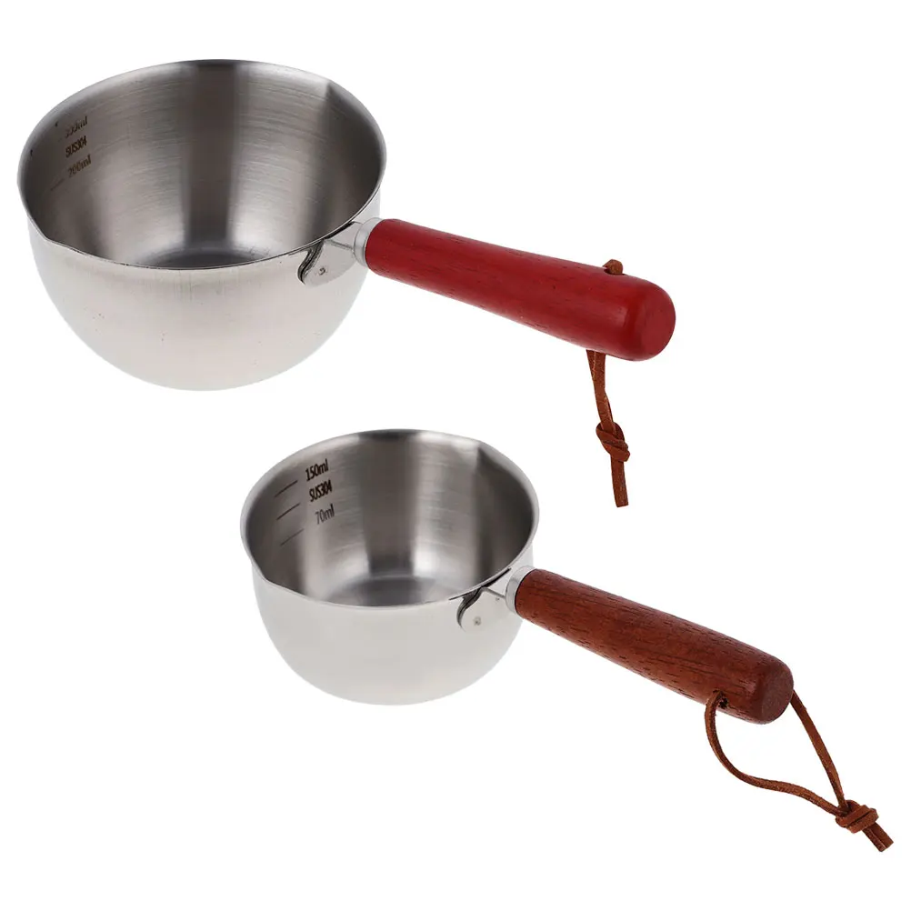 

2pcs Hot Oil Pan Small Sauce Pot 304 Stainless Steel 300ml 150ml Mini Cooking Pots Pouring Oil Sauce Pans Milk Pot Wood Handle