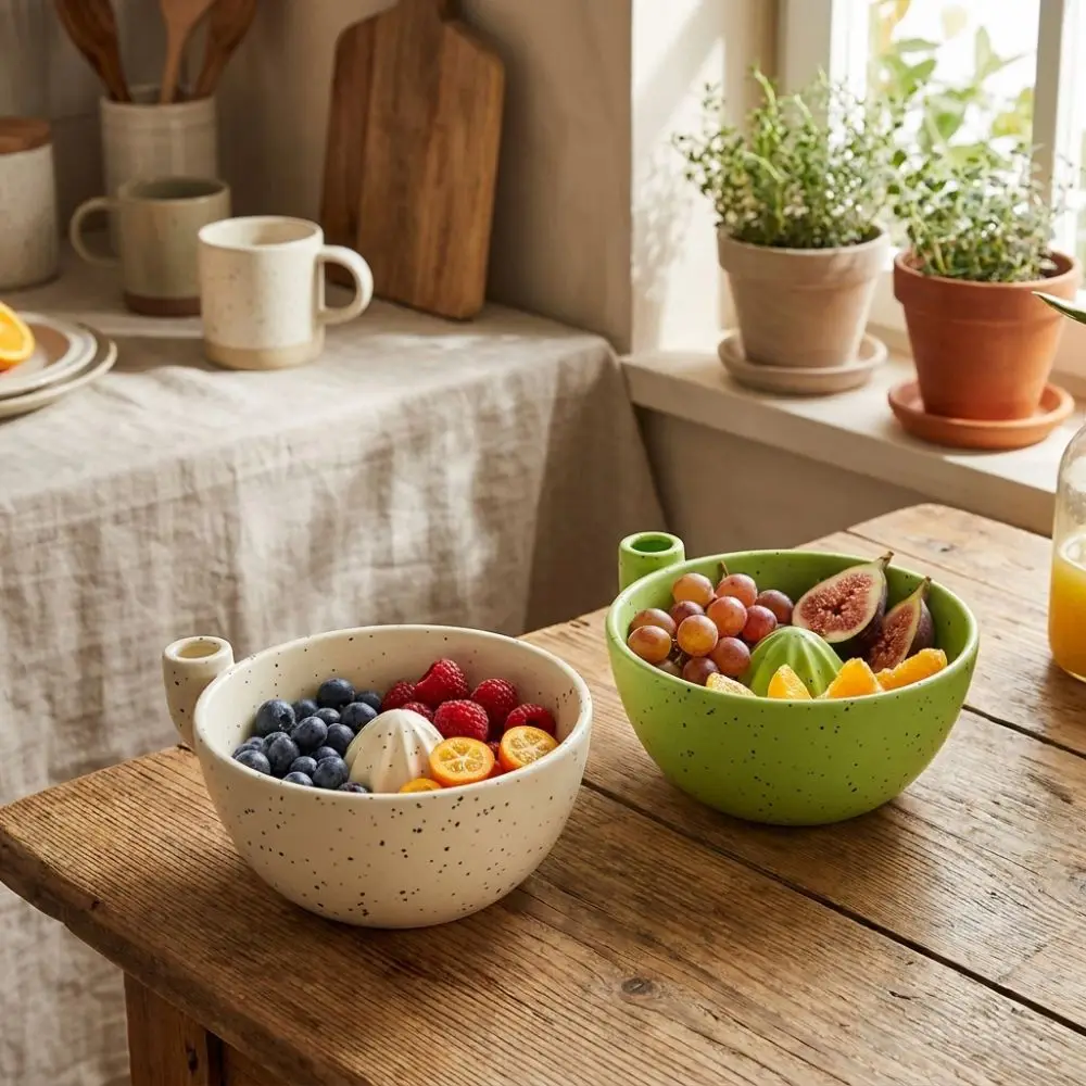 Ceramic Automatic Fruit Washing Bowl Built-In Drain Slots Drain Spout Dynamic Vortex Cleaning Bowl Quick Drain Self Spinning