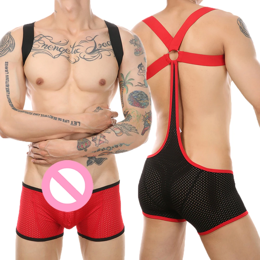 Sexy Men's Jockstrap Boxers Bodysuits Leotards Underwear Wrestling Singlet Bodysuit Mesh Backless Bondage Boxer Shorts Jumpsuits