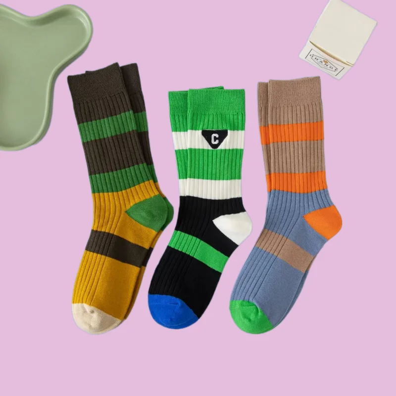 

3/6 Pairs High Quality Women's Retro Trend Green Striped Socks Double Needle Outer Wear Pile Socks College Style Mid-tube Socks