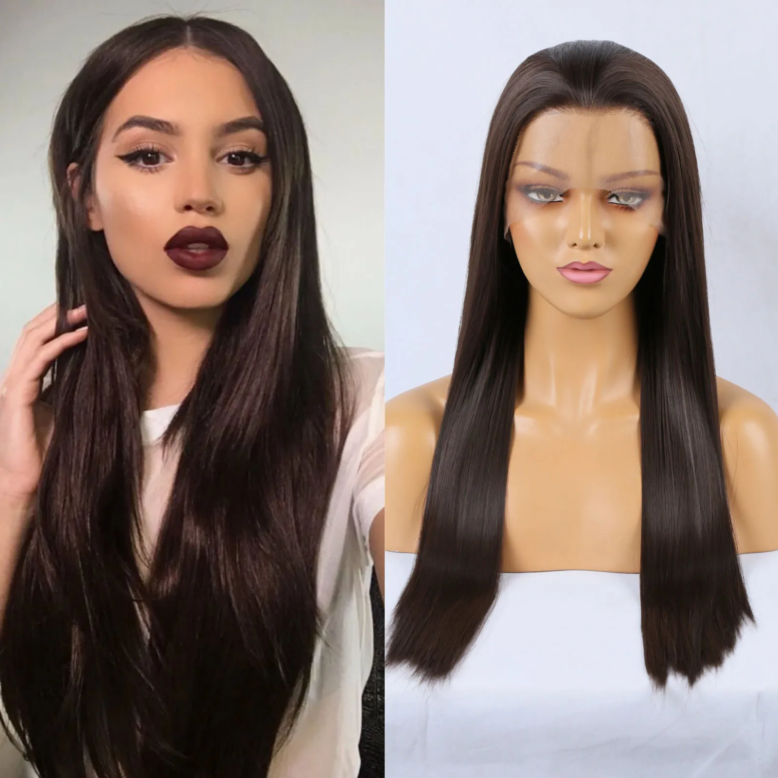 RDY Dark Chocolate Brown Silky Straight Synthetic Lace Front Wig Glueless Brunette Hair Frontal Wigs for Women Daily Use Party