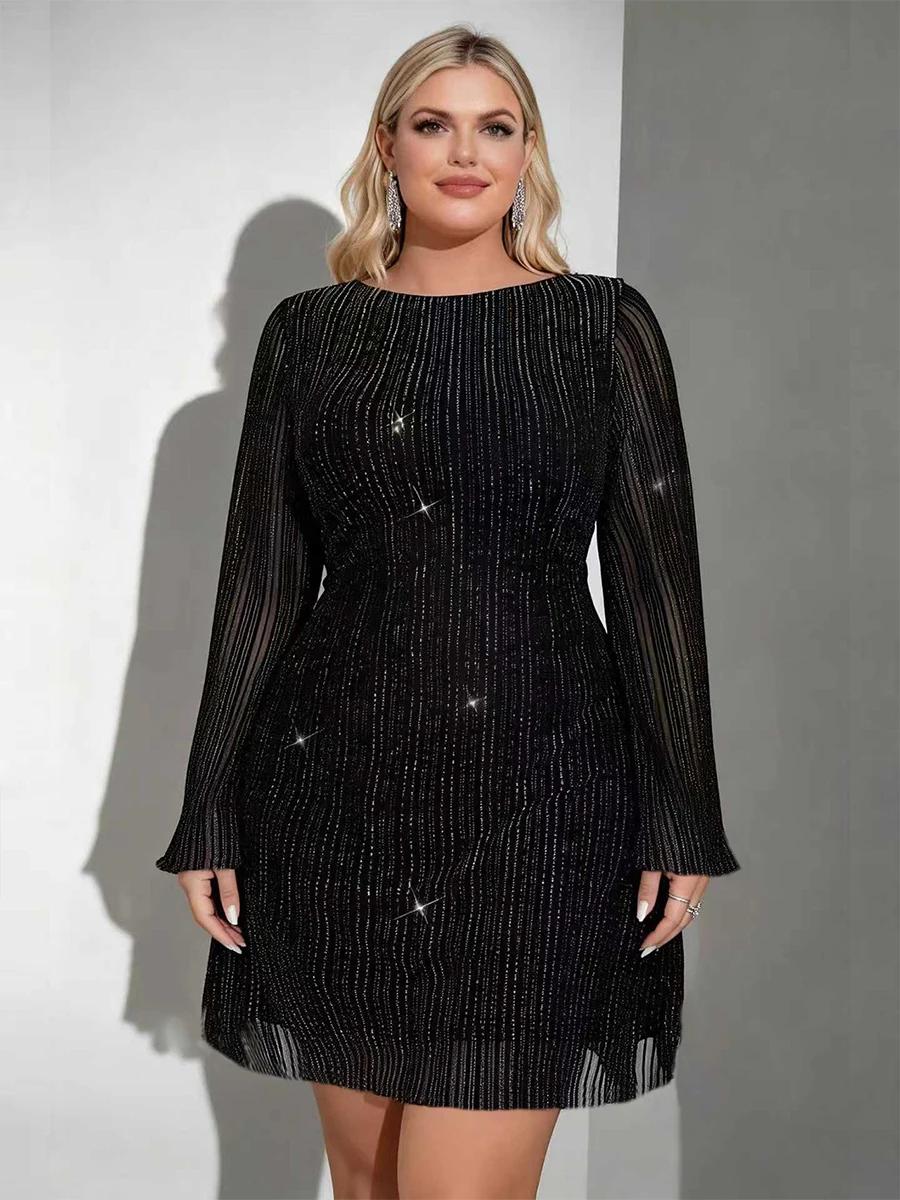 Plus Size Women Black Glitter Striped Bell Sleeve Mini Dress High Waist Slimming A Line Party Cocktail Short Dress