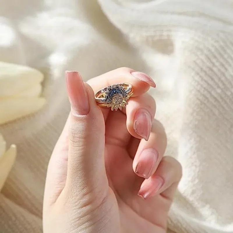 きらめく月と太陽の形をしたカップルのためのリングセット、積み重ね可能なフィンガージュエリー、スカイブルー、婚約、女性、夏、新しい、2個、セット、2024