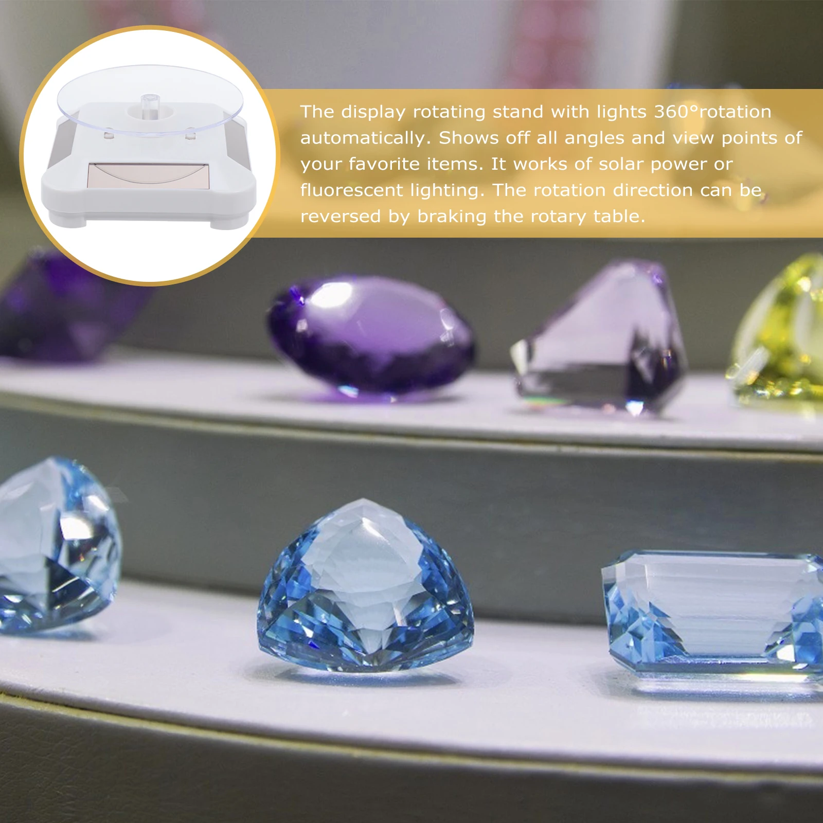 

360° Rotating Solar Display Stand Turntable For Jewelry Watch Display Rack Led Lights 4-Side Solar Panels Motorized Rotating