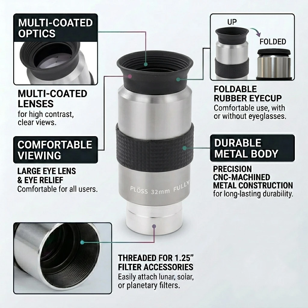 4-teiliges Plossl-Okular-Set, 1,25 Zoll Teleskopobjektiv, 40 mm, 32 mm, 10 mm, 4 mm, HD-Astronomie-Okular-Set für Planeten- und Tiefenhimmelbeobachtung – Detail 5
