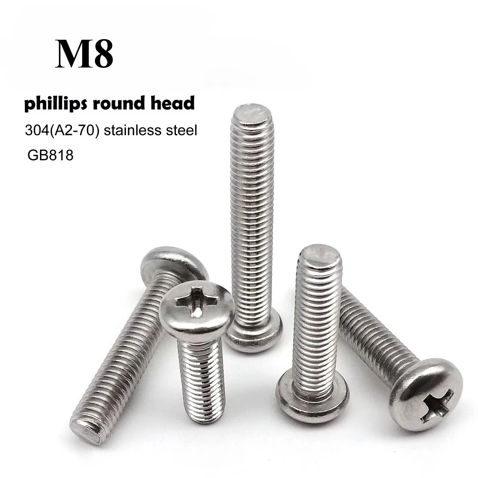 M8 10PCS Long GB818 A2 304 Stainless Steel Cross Round Phillips Pan Head Screw Bolt Length=5-100mm