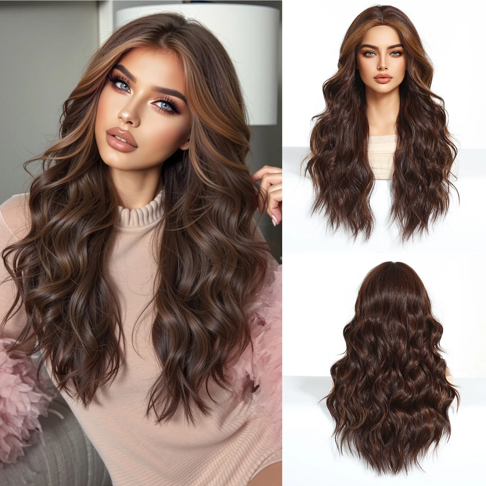 

Длинный коричневый светло-коричневый синтетический парик с мелированием Свободный волнистый парик средней части для женщин Ежедневное использование на вечеринке Парики из термостойкого волокна