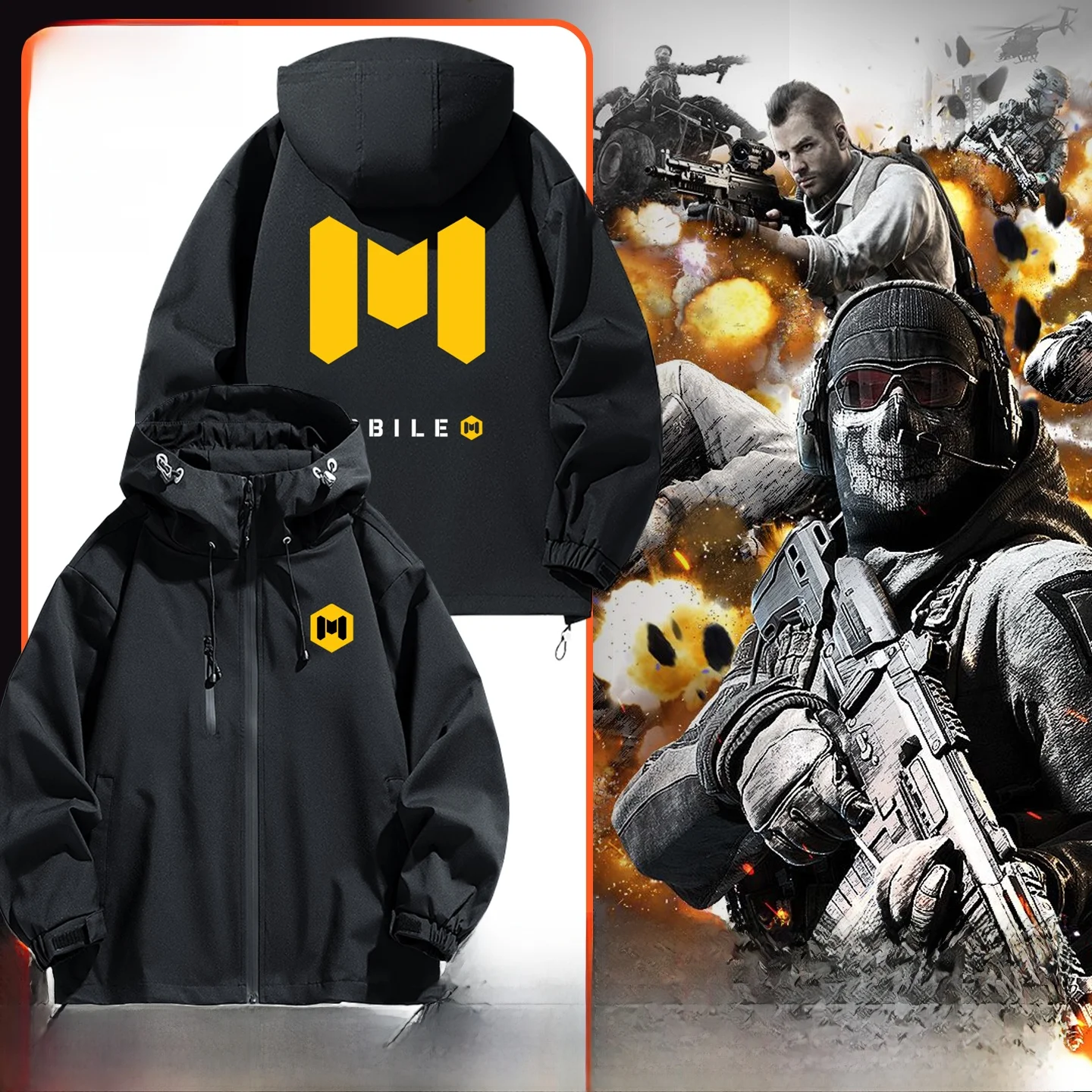 

Ghost CODM Themed Hooded Jaet ex Gamer Outerwear Winter Warm Zipper Closure Long Sve Stand Fit Polyester Fiber
