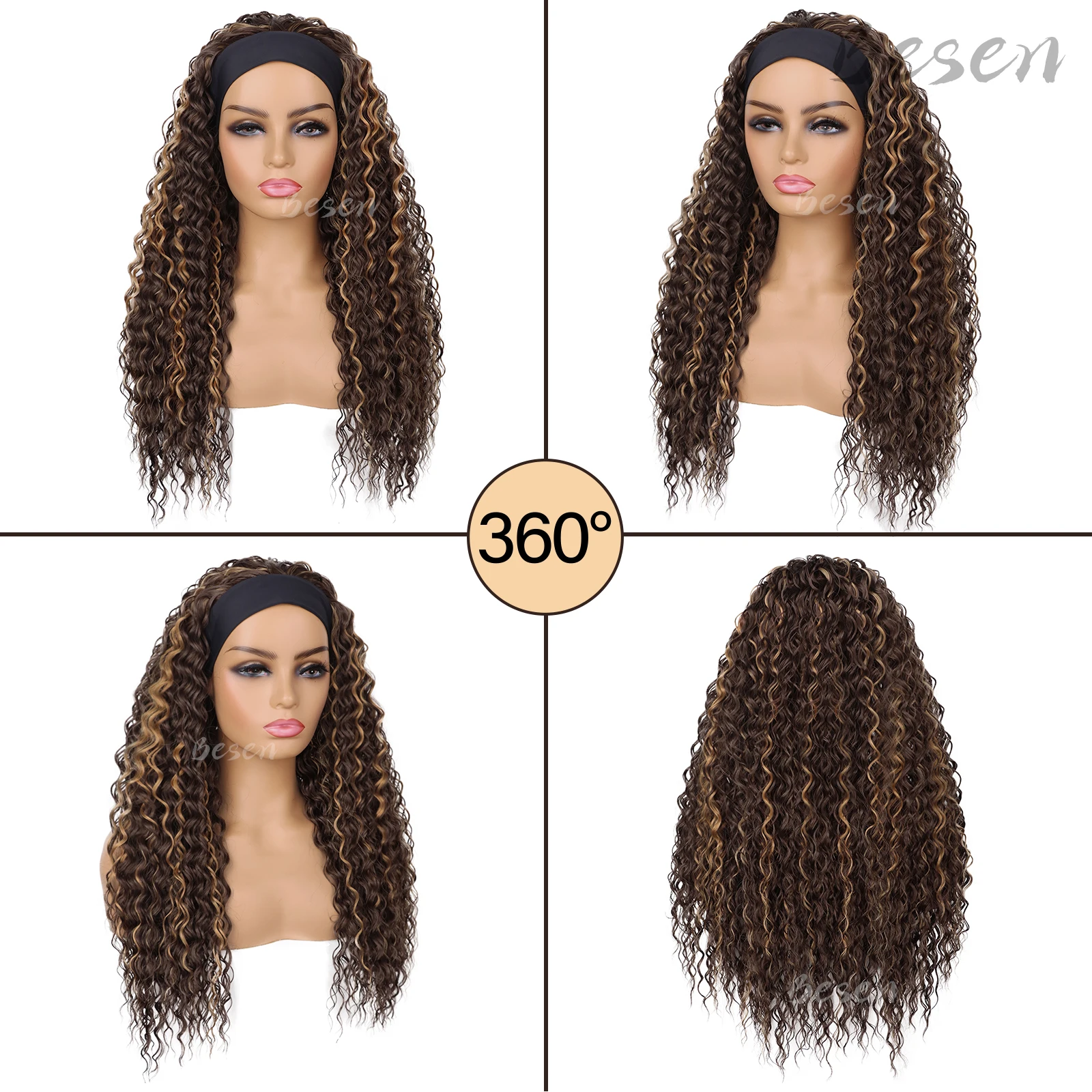 Synthetic Curly Headband Wigs for Black Women Long Brown Water Wave Headband Wigs for Girls Wet and Wavy Half Wig for Daily Wear