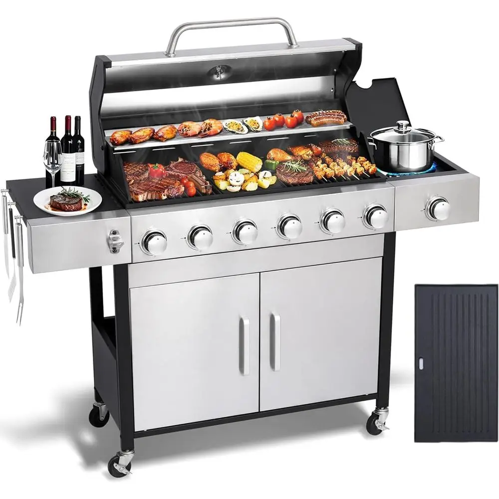 

Large 6-Burner Propane Gas Grill with Side Burner, Cast Iron Grates, Plate, Lid, Warming Rack, 620 Sq. In. Cooking Area for Back