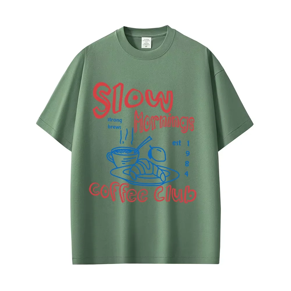 

Slow Mornings T-shirt Trendy Coffee Club T-shirts Retro Coffee and Croissant T Shirt Breakfast Club Tshirt Men Loose Cotton Tees