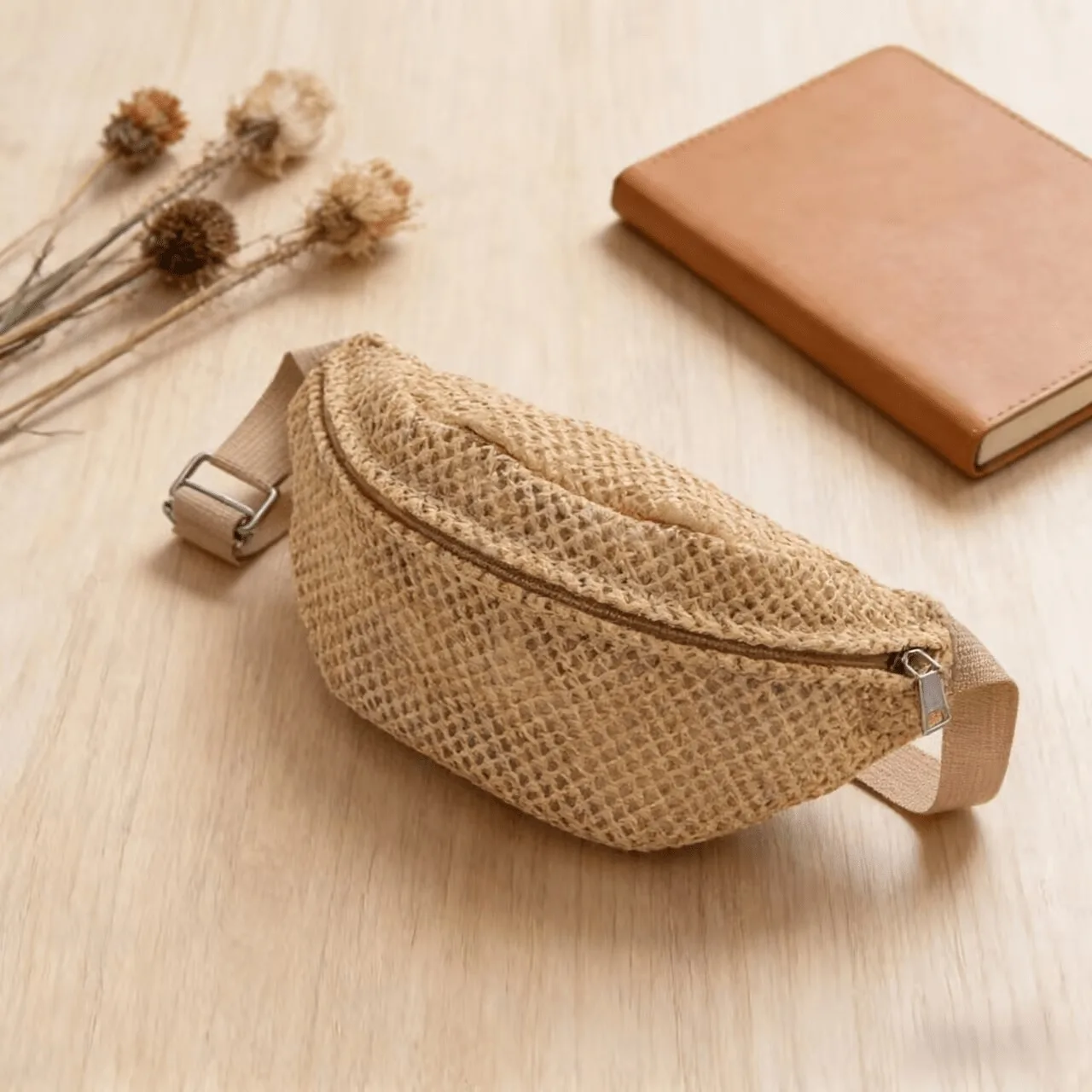 Women's woven crossbody bag with zipper closure - light brown bohemian style waist bag, breathable woven lining