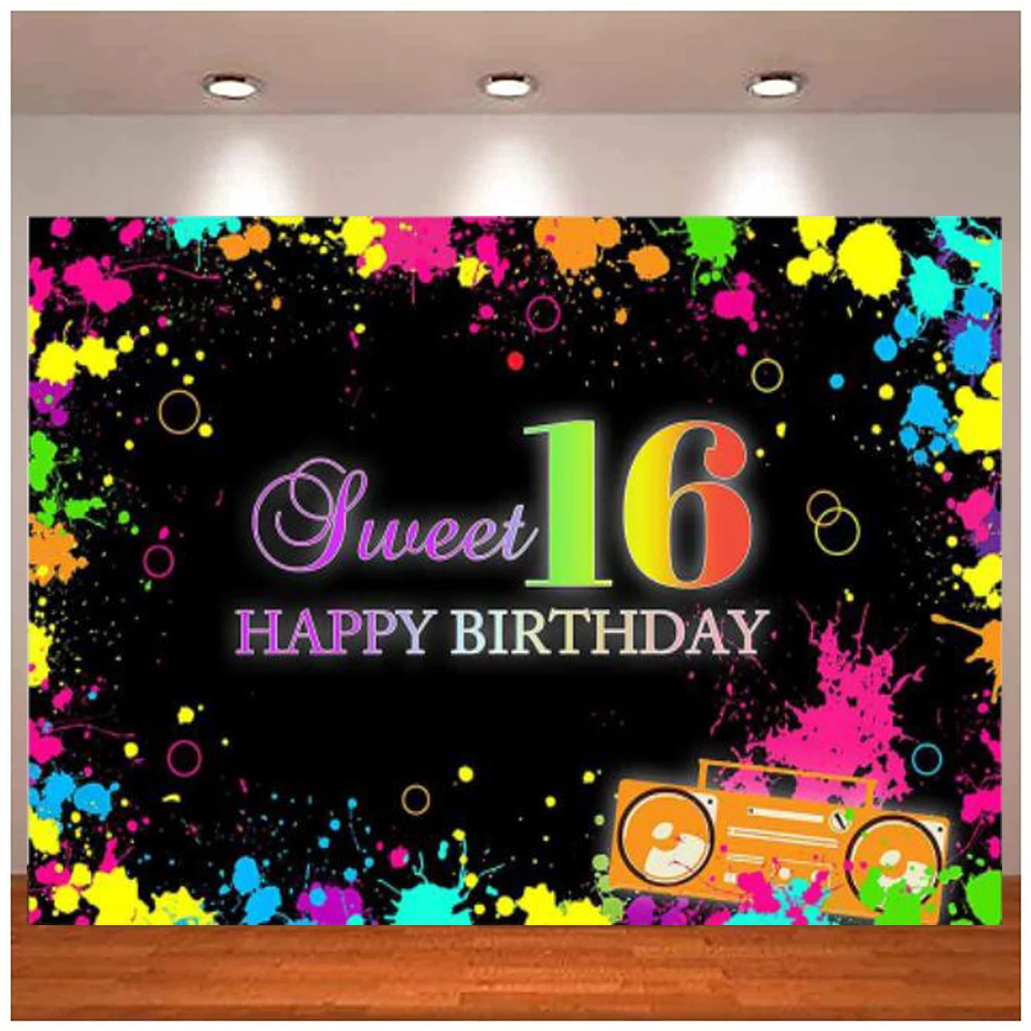 

Backdrop For Glow Neon Sweet 16 Happy Birthday Party Decor Let's Glow Splatter Photo Background Blacklight Disco Retro Dance