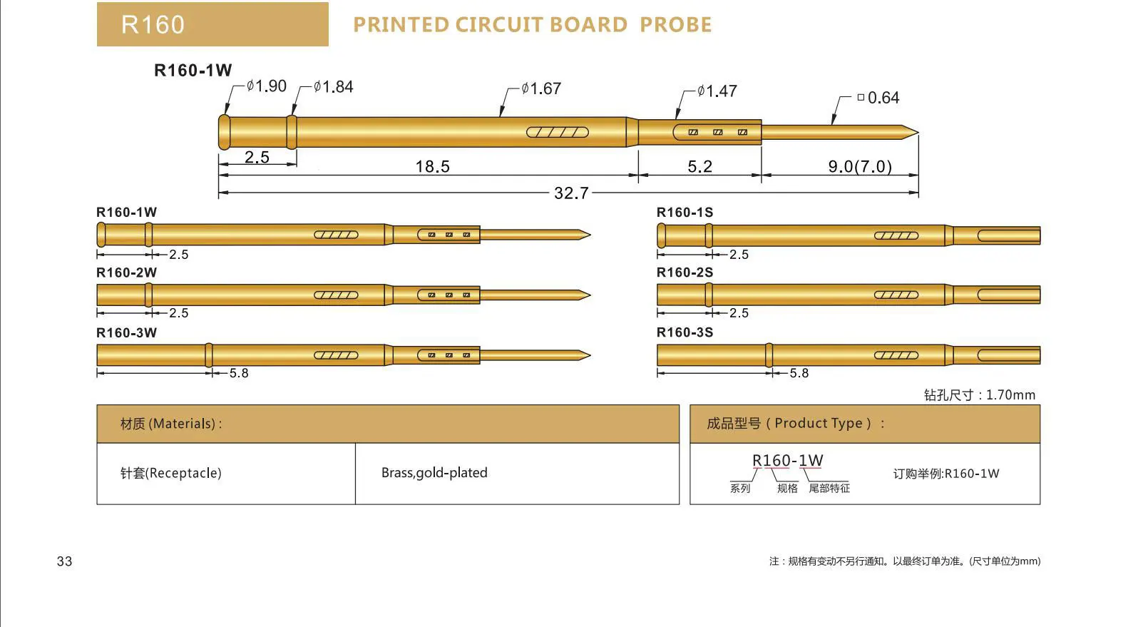 100Pcs R160 Series Test Probe Receptacle Length 32.7 MM Pogo Pin Connection FOR P160 / PA160 Spring Loaded Bare PCB