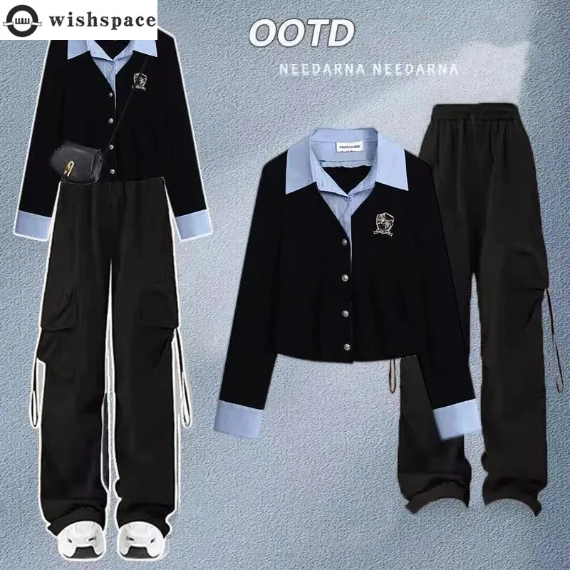 

Spring and Autumn Korean Edition Academy Style Wear Short Fake Two Piece Polo Collar Shirt Casual Work Pants Set