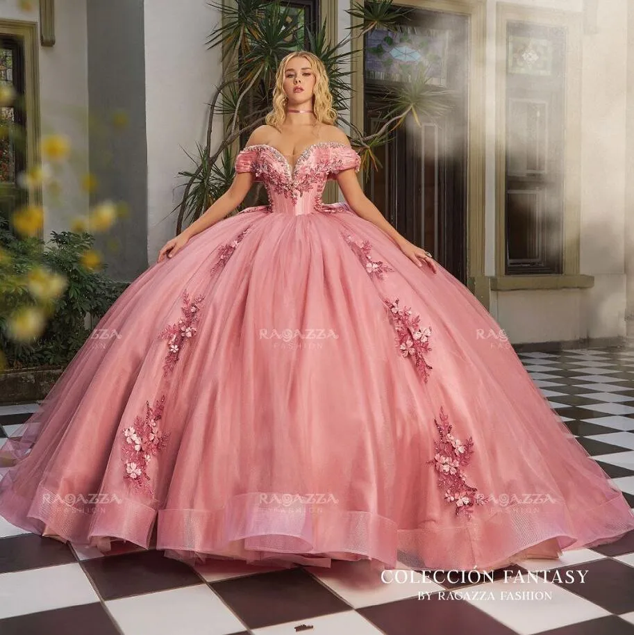 Schillernde erröten scharfes Prinzessin Quince anera Kleider von der Schulter 3d Blumen applikation Korsett Vestidos de 15 Años Quinceañeras 2024