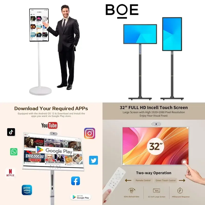 32 Inch Full HD Smart Portable TV with Touchscreen 360 Rotating Stand Built in Battery Wireless Television for Home Camping