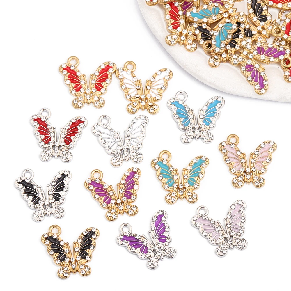 JQ Mixed 10Pcs Colorful Shiny Crystal Enamel Butterfly Charms Animal Pendant For Jewelry Making DIY Bracelet Necklace Ornamental