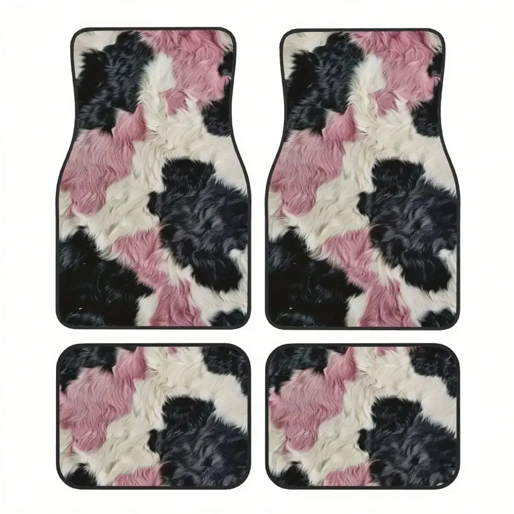

4pcs Pink and Black Cowhide Pattern Car Floor Mats Suitable for All Vehicles, Front and Front Seat Floor Mats