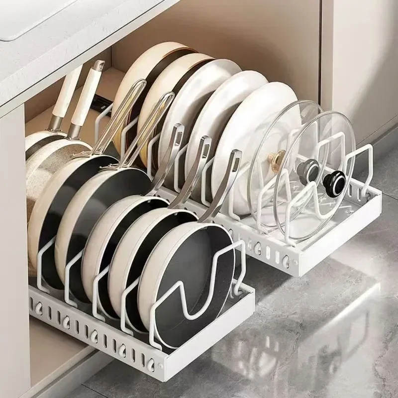 Pull‑Out Pots Pans Organizer Sliding Kitchen Storage Rack for Lids Spices Tableware