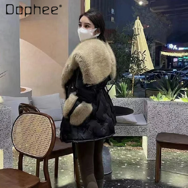 شتاء جديد الكورية أنيقة سليم أسفل سترة للنساء الراقية مزاجه الاجتماعي كبير الفراء طوق منتصف طول رشاقته معطف